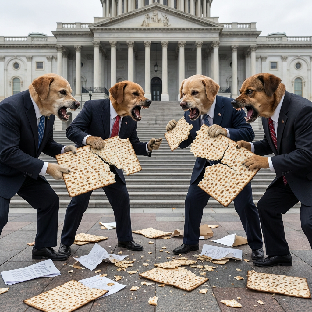 Unleavened matzah, legislative building, dog-faced politicians